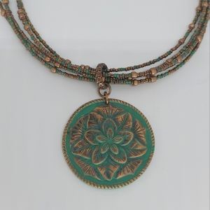 Boho Beaded Flower Necklace Embossed Copper